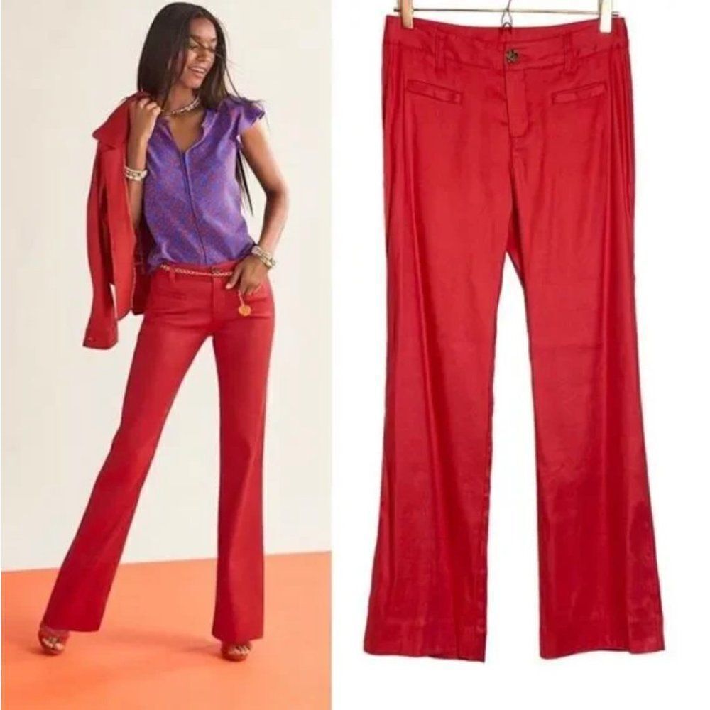 Cabi Red Pants Linen Blend High Waisted flare Valentine Size 10‎ L